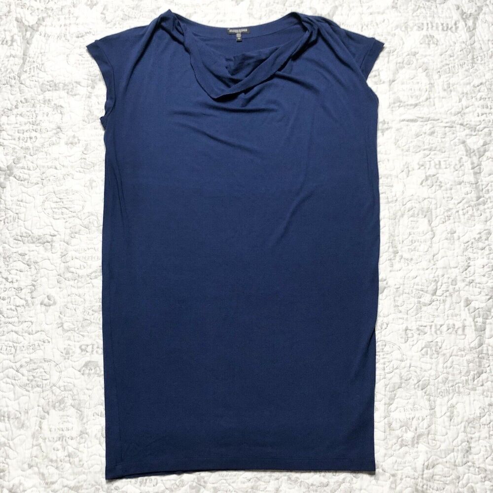 Eileen Fisher Navy Blue Jersey Knit Dress Drape Front Swing Dress Sz M Petite